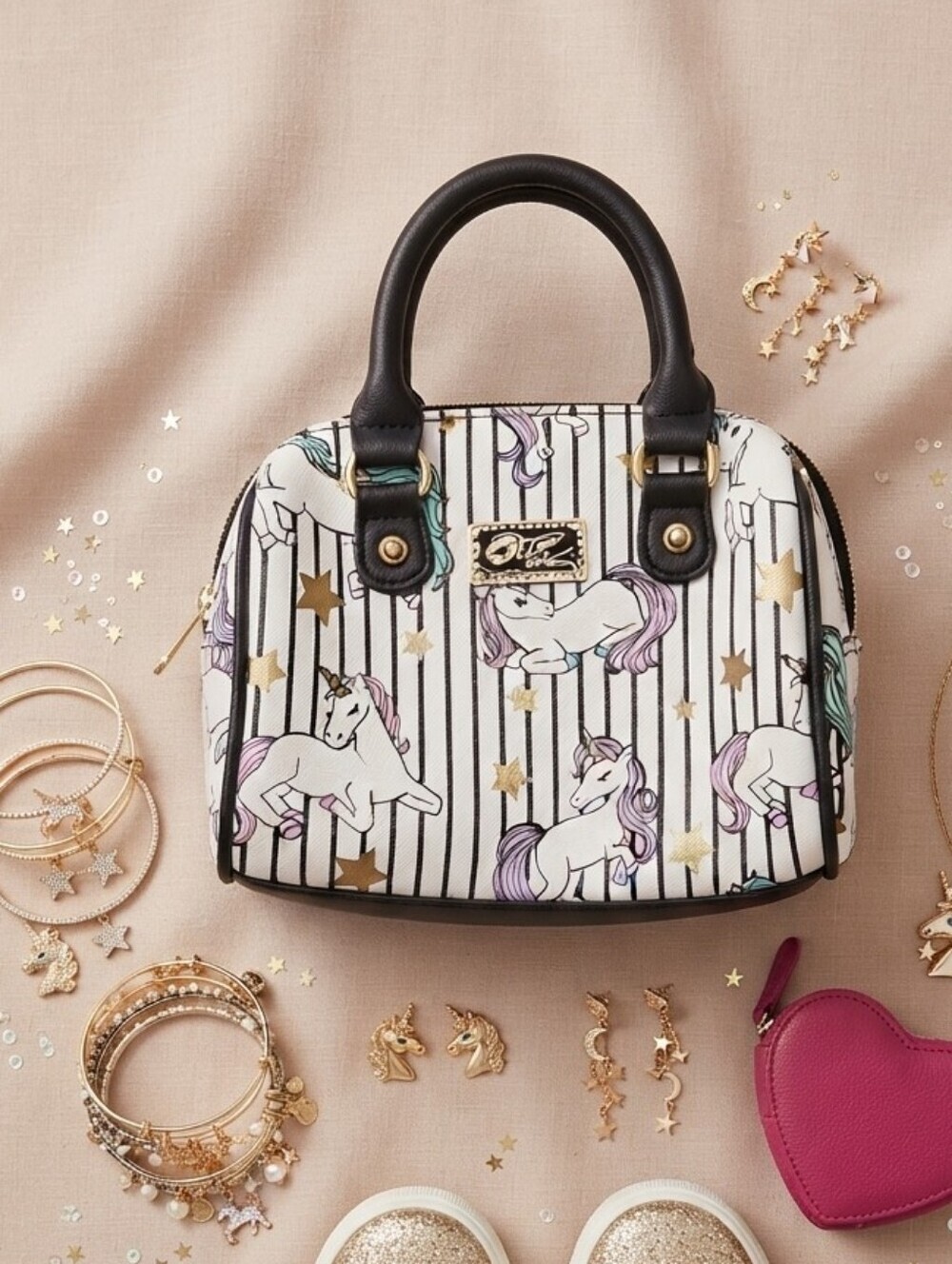 Betsey Johnson Black White Pinstripe Unicorn Star Print Small Handbag